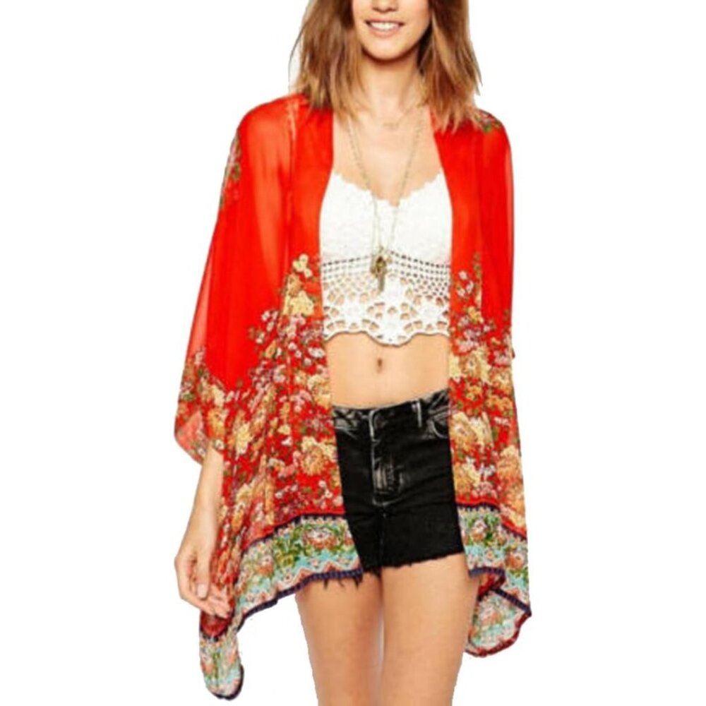 Floral Print Sheer Chiffon 3/4 Bat Sleeve Casual Loose Kimono Cover Up Large L